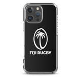 The PF LIC Fiji Case for iPhone® is a protective phone case featuring a black background with a white logo of a palm tree inside an oval above the text "Fiji Rugby," designed for the iPhone SE and compatible with wireless charging.