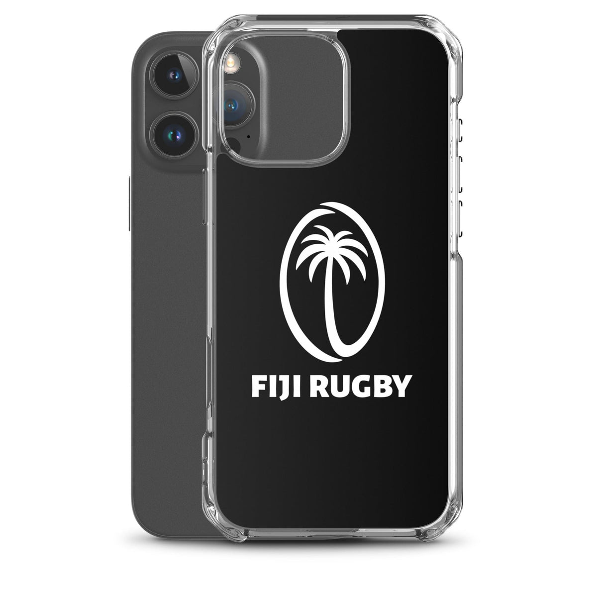 The PF LIC Fiji Case for iPhone® is a stylish smartphone accessory that showcases a protective design with a Fiji Rugby branded, white palm tree logo and text. This case not only flaunts sports pride but also supports wireless charging for unparalleled functionality.