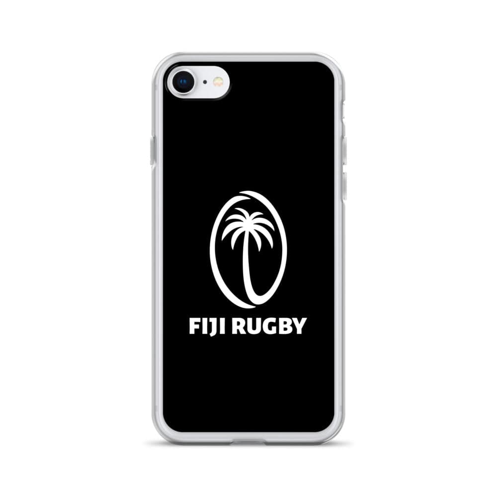 The PF LIC Fiji Case for iPhone® is a protective phone case featuring a sleek black design with a distinctive white "Fiji Rugby" logo and a stylized palm tree. It is compatible with wireless charging and perfect for your iPhone SE.