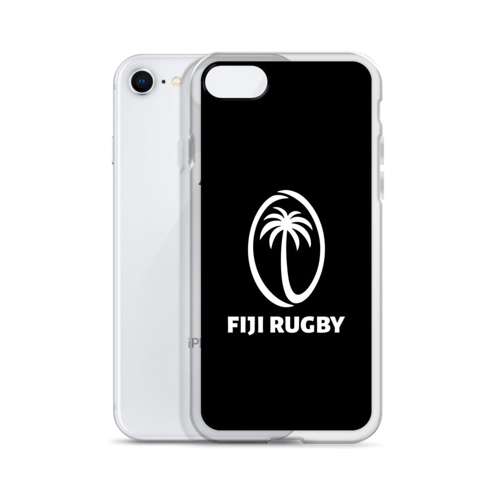 PF LIC's Fiji Case for iPhone® showcases the Fiji Rugby logo with a white palm tree and text on a sleek black background, shown here on an iPhone SE. This wireless charging compatible protective phone case combines style with functionality.