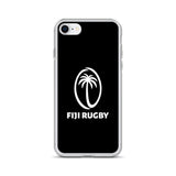 The PF LIC Fiji Case for iPhone® features a black background with the Fiji Rugby logo, which includes a stylized palm tree within an oval, and is compatible with wireless charging.