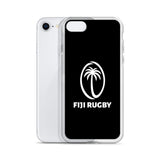 A white iPhone SE with the PF LIC Fiji Case for iPhone®, which is transparent, protective, wireless charging compatible, and features the Fiji Rugby logo with a white palm tree inside an oval and "Fiji Rugby" text below it.