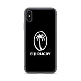 A black PF LIC Fiji Case for iPhone® featuring a white logo with a palm tree inside an oval and the text "FIJI RUGBY" below it. This protective phone case is also wireless charging compatible.