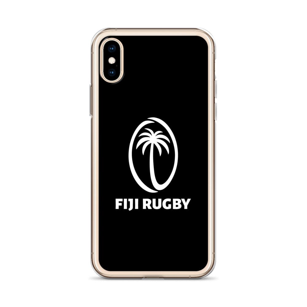 The Fiji Case for iPhone® by PF LIC is a protective phone case with a black background, showcasing the iconic white Fiji Rugby logo featuring a stylized palm tree and the text "FIJI RUGBY." This sleek case is also compatible with wireless charging for added convenience.