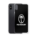 A black protective phone case featuring the Fiji Rugby logo, which includes a white palm tree and the text "FIJI RUGBY," encloses a smartphone. Another identical PF LIC Fiji Case for iPhone® is positioned behind it.