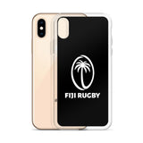 Two smartphones are shown, with one featuring the PF LIC Fiji Case for iPhone®, which has a black background and is adorned with the Fiji Rugby logo, consisting of a palm tree. This stylish phone case is also wireless charging compatible.