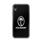 Introducing the Fiji Case for iPhone® by PF LIC, a black protective case featuring a white Fiji Rugby logo with a palm tree design. This case is also compatible with wireless charging.