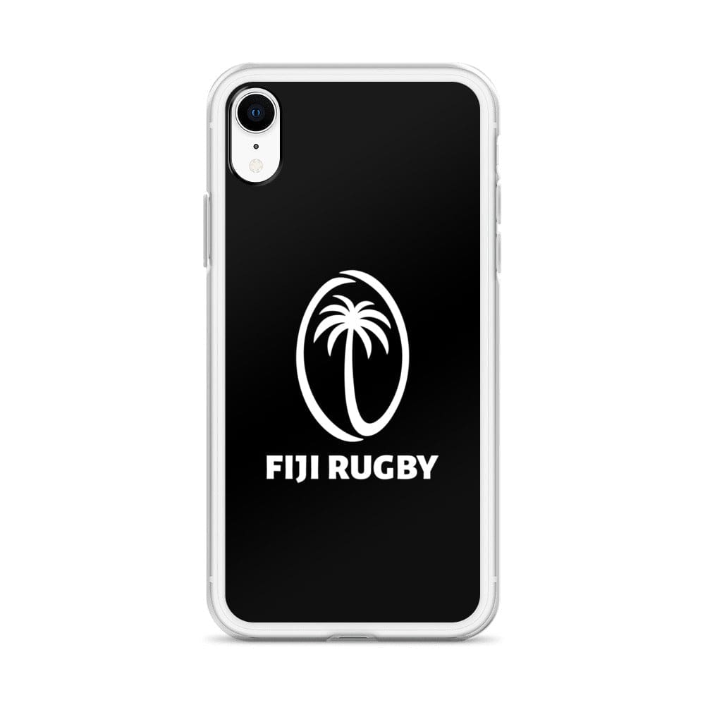 Introducing the Fiji Case for iPhone® by PF LIC, a sleek black smartphone case featuring the "FIJI RUGBY" logo with a white palm tree inside an oval. This protective phone case is also compatible with wireless charging.