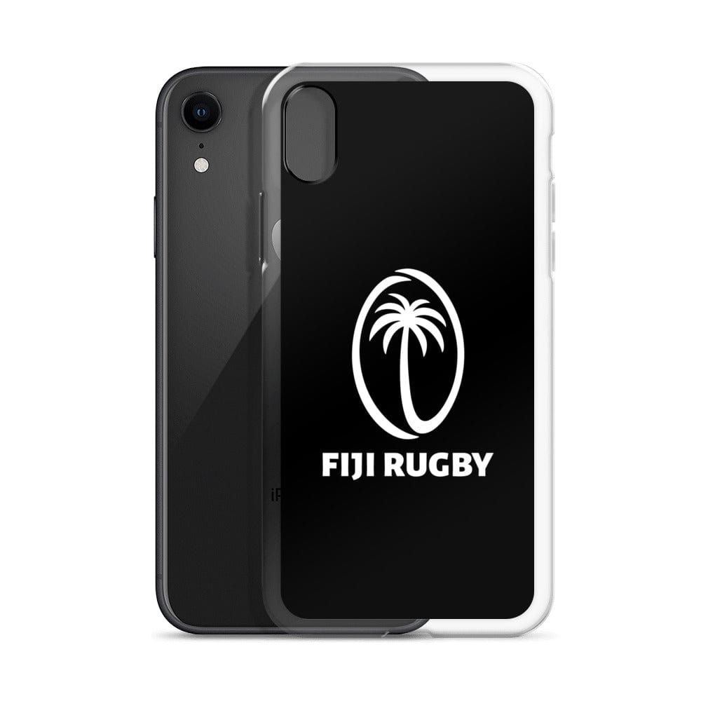 Close-up of the PF LIC Fiji Case for iPhone® with a Fijian rugby logo on its back, featuring a white palm tree and the words "FIJI RUGBY." The protective phone case is wireless charging compatible.