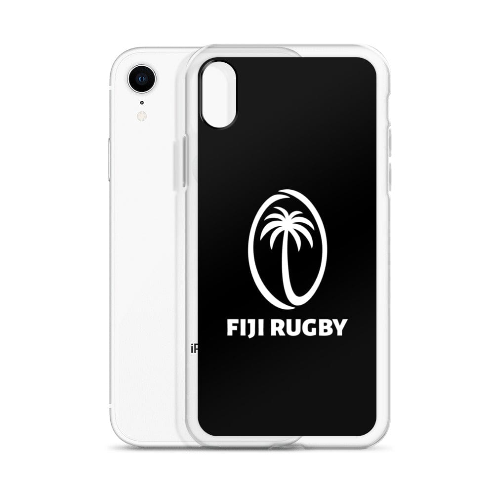 Introducing the Fiji Case for iPhone® by PF LIC: a protective phone case adorned with the iconic Fiji Rugby logo featuring a palm tree and "FIJI RUGBY" text in white, designed to fit perfectly on your white smartphone. Compatible with wireless charging, this case ensures your device stays safe while proudly displaying your support for the team.