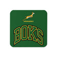 A green Springboks 'BOKS' cork-back coaster with the word boks on it, perfect for rugby friends and family, made by PF LIC.