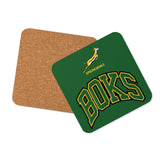 A PF LIC cork-back coaster featuring the word Springboks.