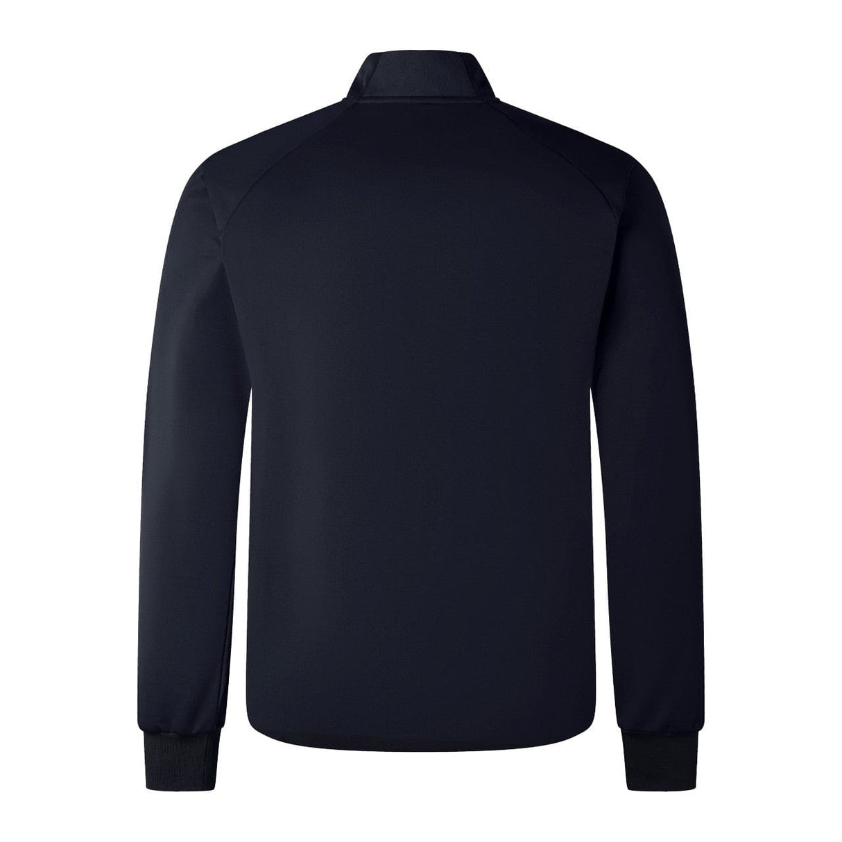 Rear view of a plain navy blue Canterbury Elite Windstopper Jacket with a raised collar and ribbed cuffs, designed for comfortable fit and enhanced mobility.