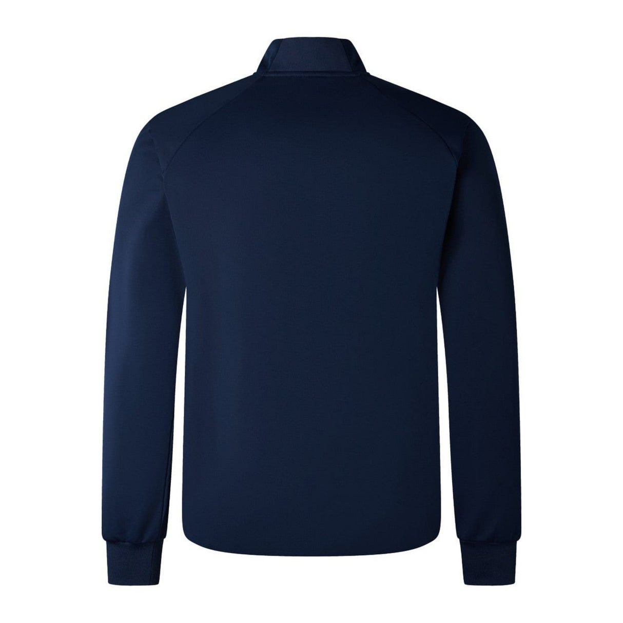 Rear view of a Canterbury Elite navy blue windstopper jacket with a collar and ribbed cuffs, designed for comfortable fit and enhanced mobility.