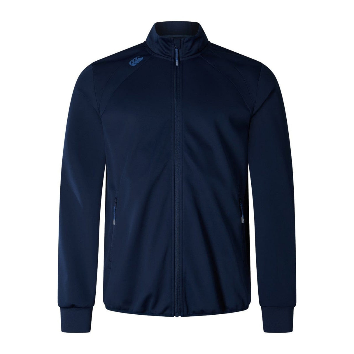 Navy blue Canterbury Elite Windstopper Jacket with a full zipper and stand-up collar, featuring blue zipper pockets and logo on the left chest.