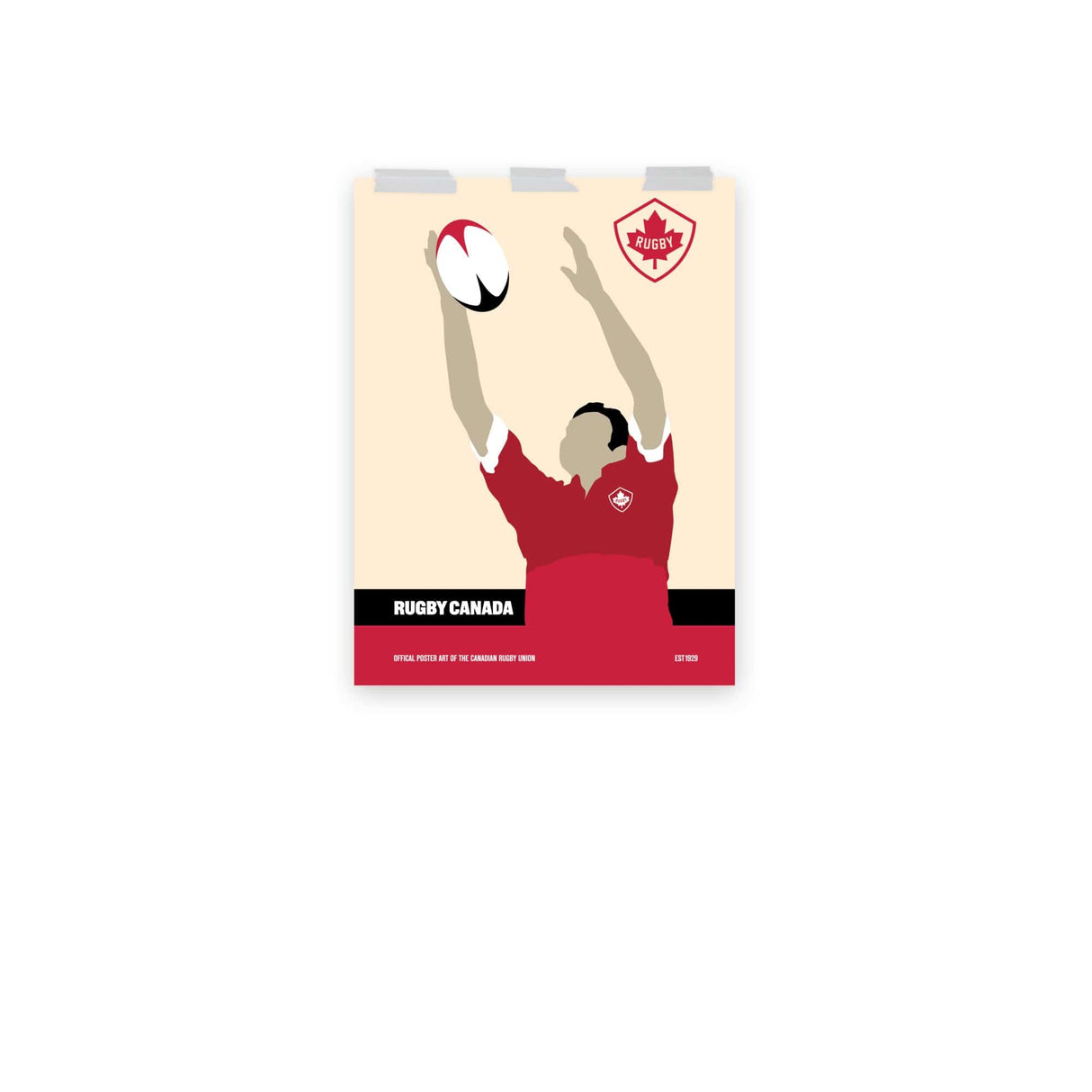 A Rugby Canada Rugby Catch Poster featuring an enthusiastic man holding a ball by PF LIC.