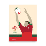 A PF LIC Wales 'Rugby Catch' Poster featuring a rugby player catching a ball, representing the passion and skill of Wales Rugby.