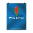 Blue and dark blue herringbone designed poster with large Manu Samoa logo in center.