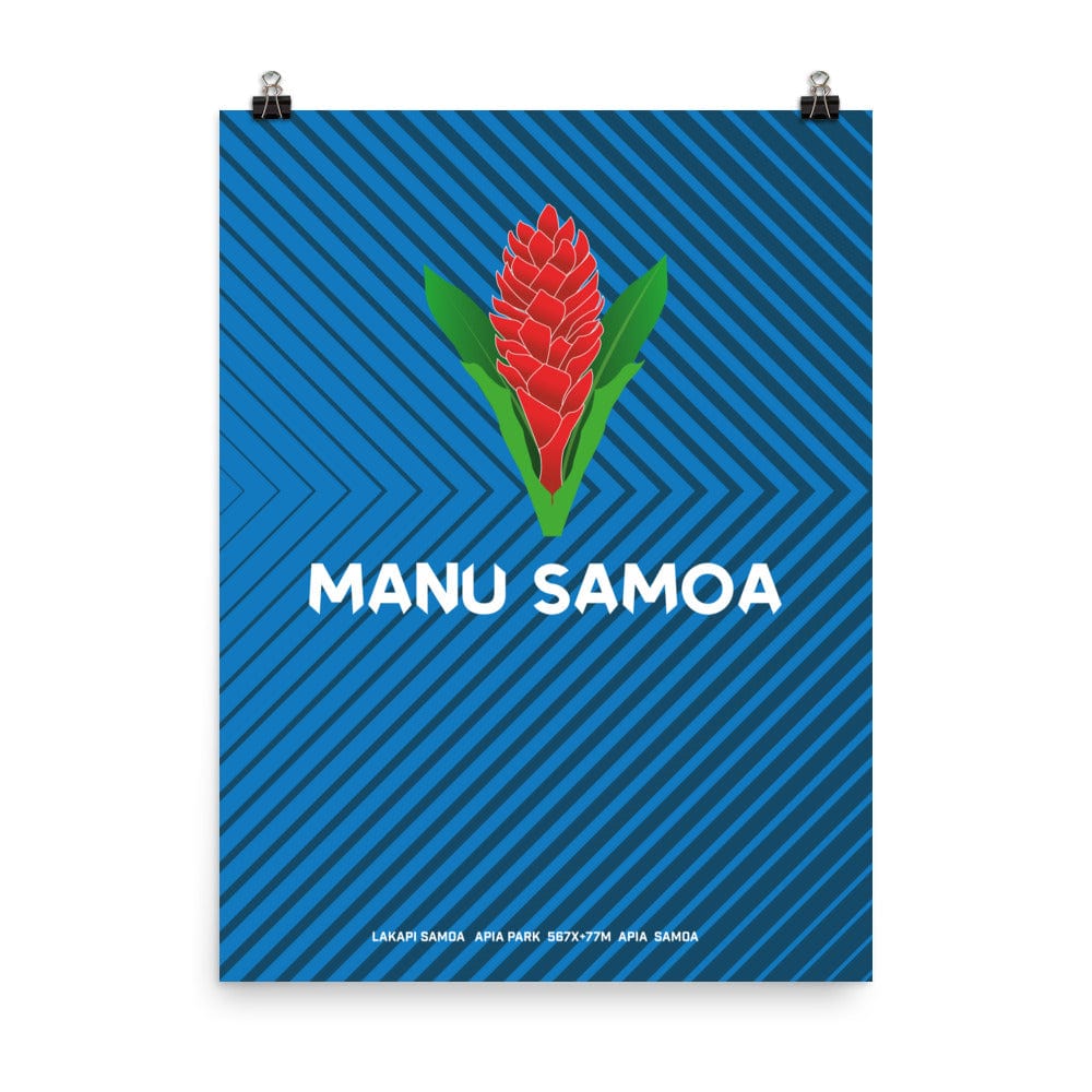 Blue and dark blue herringbone designed poster with large Manu Samoa logo in center.