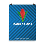 Blue and dark blue herringbone designed poster with large Manu Samoa logo in center.