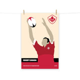 An enthusiastic PF LIC Rugby Canada Rugby Catch Poster hanging on a clothesline.