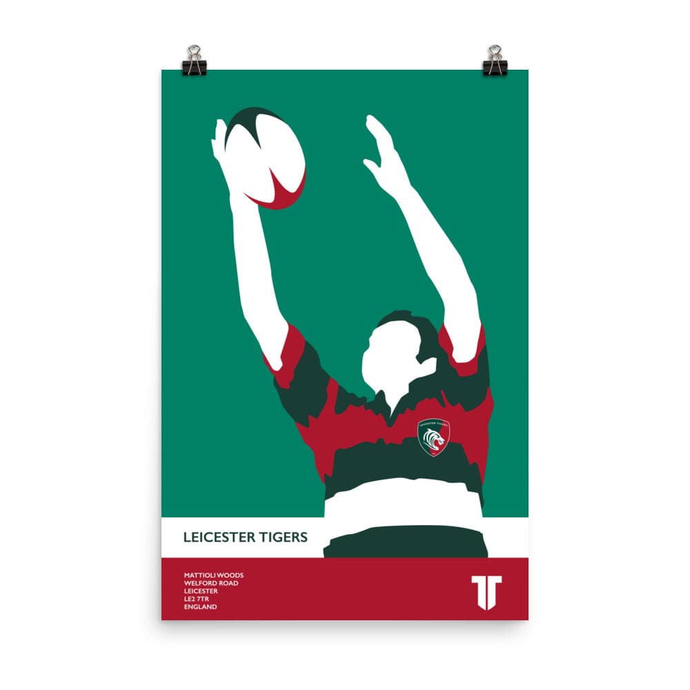 An official PF LIC Leicester Tigers 'Rugby Catch' Poster featuring a player catching a ball.