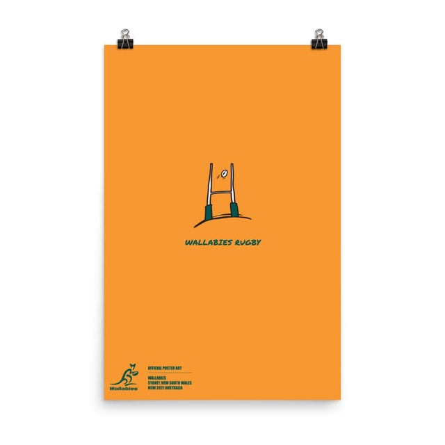 A Wallabies Kicking It Through the Goal Poster with an orange background and a blue logo by PF LIC.