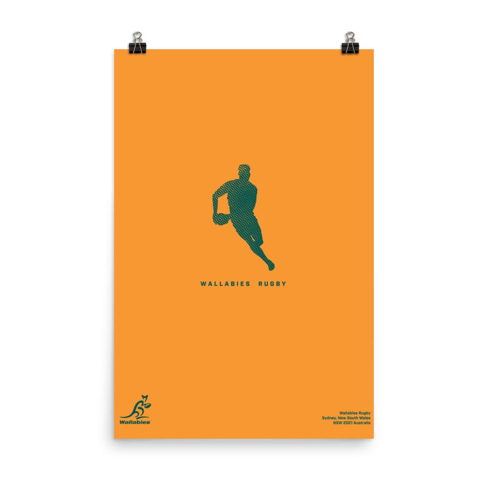 A Wallabies Player Silhouette Poster featuring the silhouette of a man running against an orange background, inspired by the Australia Wallabies rugby team, made by PF LIC.