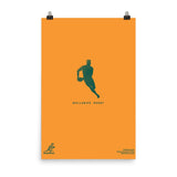 A Wallabies Player Silhouette Poster featuring the silhouette of a man running against an orange background, inspired by the Australia Wallabies rugby team, made by PF LIC.