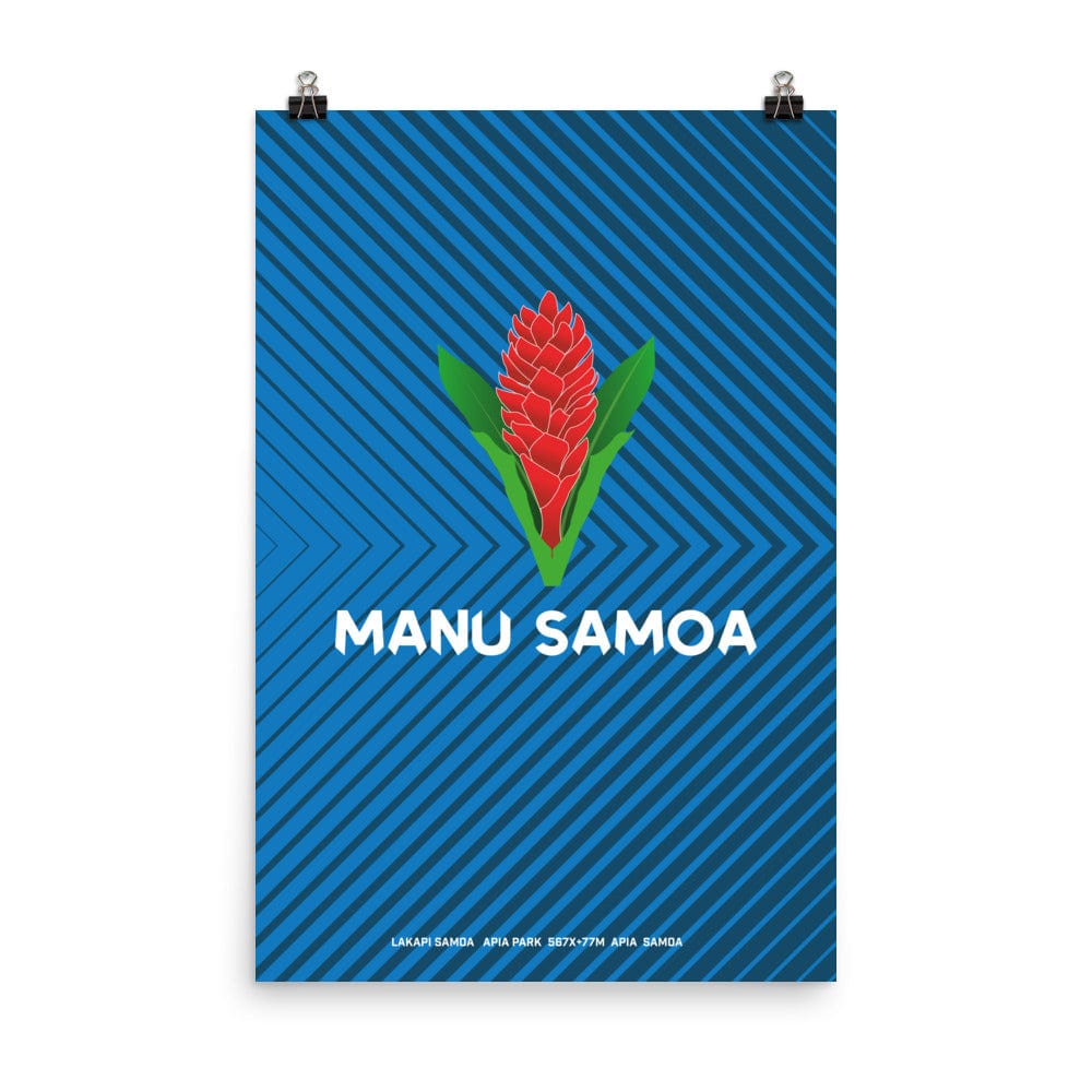 Blue and dark blue herringbone designed poster with large Manu Samoa logo in center.