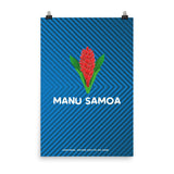 Blue and dark blue herringbone designed poster with large Manu Samoa logo in center.