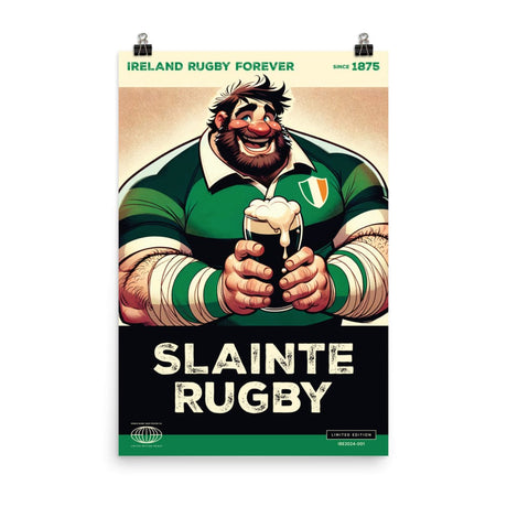 The Slainte Ireland Rugby Poster by PF LIC is a museum-quality print featuring a smiling rugby player in a green jersey, holding a pint of beer. The text "Ireland Rugby Forever" graces the top, while "Slainte Rugby" adorns the bottom. Printed on thick matte paper, this piece is designed to brighten any environment.