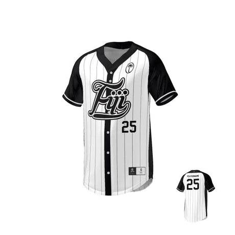 A black and white striped Fiji Rugby Baseball Pro Jersey with the number 25 and the letters "pii" on the front, featuring moisture management by Teamatical.