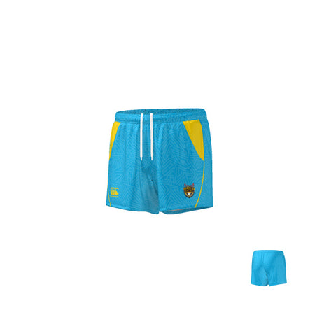 Light blue NorCal Canterbury Referee Shorts by Teamatical feature yellow side panels, a white drawstring, and a small logo on the front.