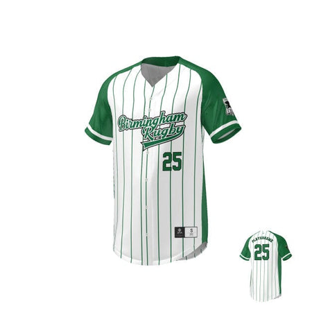 Striped baseball jersey with the text "Birmingham Rugby" and the number 25. 
would become:
Birmingham Rugby Baseball Jersey - White/Green by Teamatical