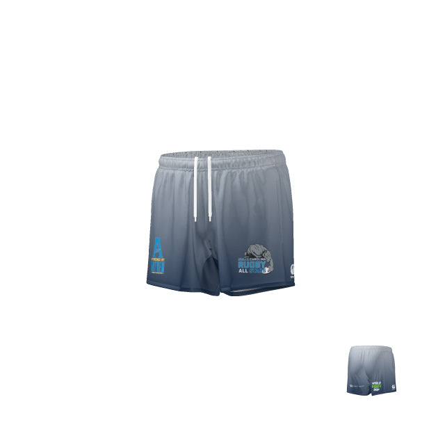 Gray Teamatical NC All Stars Canterbury gym shorts feature a white drawstring, logos on the front including "A Rugby" and "Rugby All Star", and a back logo near the hem.