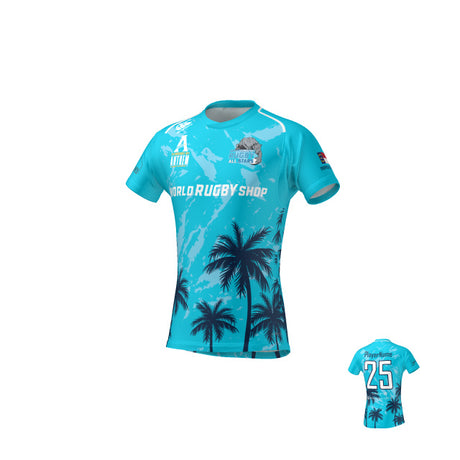 The NC All Stars Trop 7s U18 Canterbury MAKA Jersey by Teamatical features a turquoise design with black palm tree silhouettes, "World Rugby Shop" on the front, and "PlayerName" with number 25 on the back.