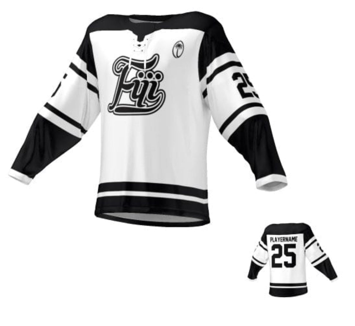 A black and white Fiji Rugby Classic Lace-Up Hockey jersey with the number 25 and a stylized logo featuring a hockey stick and the number 100, displayed from front and back views by Teamatical.