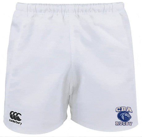 A white EMB Canterbury rugby short with a blue logo.