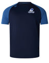 Navy blue and light blue Mystic River 50th Anniversary Canams Elite Training Tee by Canterbury with a logo on the left chest.