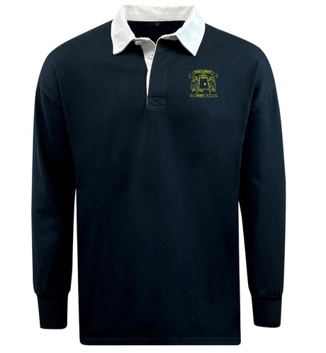 Navy blue long-sleeved Montgomery Yellowhammers Classic Rugby Jersey with a white collar and a small embroidered EMB Mudoo crest on the left chest.