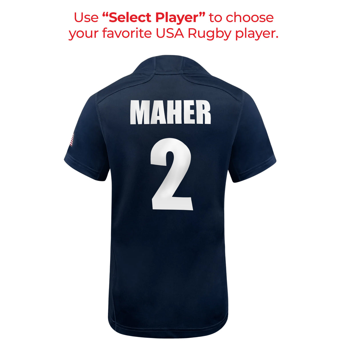 A USA Rugby Player Home Womens Jersey 23/24 by Castore in navy blue, with the name "Maher" and the number "2" printed on the back. Text above reads, "Use 'Select Player' to choose your favorite USA Rugby player." Perfect for Eagles fans, this WRS Castore jersey features moisture-wicking fabric for optimal comfort.