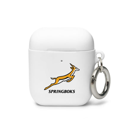 A white Springboks Airpods case with the PF LIC logo, showcasing excellent branding.