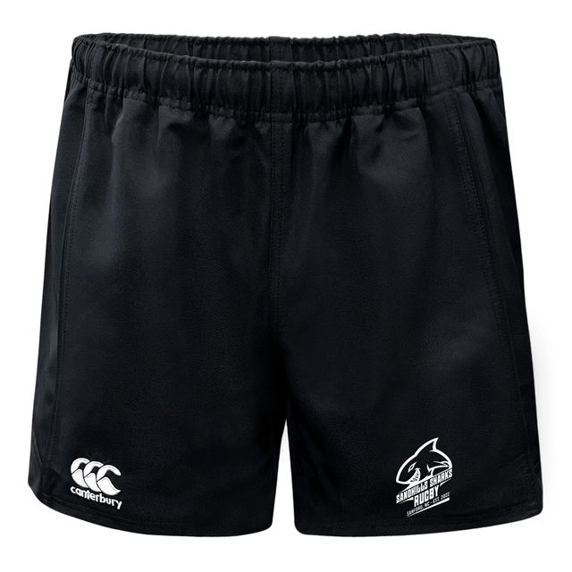 Sandhills Sharks Rugby WRS Canterbury Advantage Rugby Shorts with moisture wicking fabric, featuring Sandhills Sharks and WRS Canterbury logos.