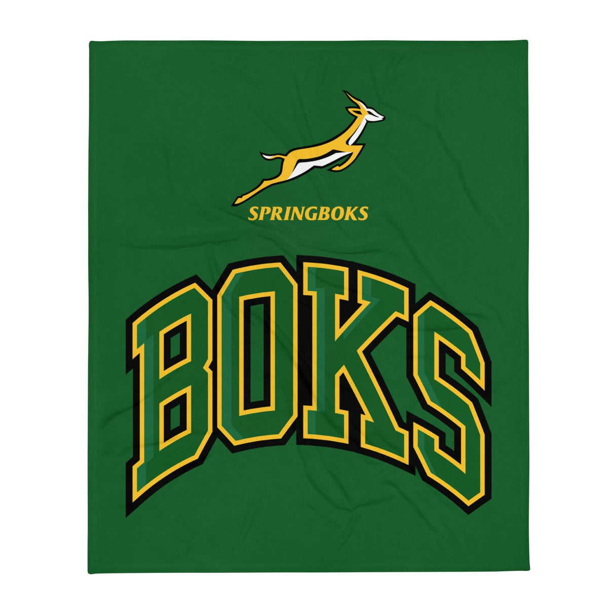 A green PF LIC Springboks 'BOKS' throw blanket for rugby fans.