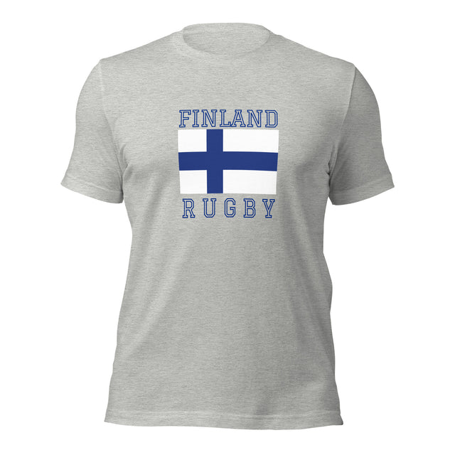 The PF LIC Finland Rugby Cotton T-Shirt features a striking blue and white Finnish flag on its gray fabric, with "FINLAND RUGBY" artistically printed above and below.