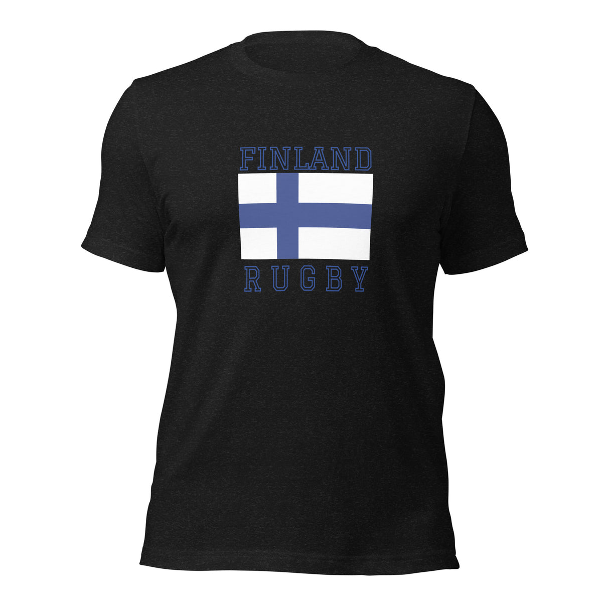 This PF LIC Finland Rugby Cotton T-Shirt is a lightweight black tee featuring a vibrant blue and white Finland flag with "FINLAND RUGBY" above and below the emblem.