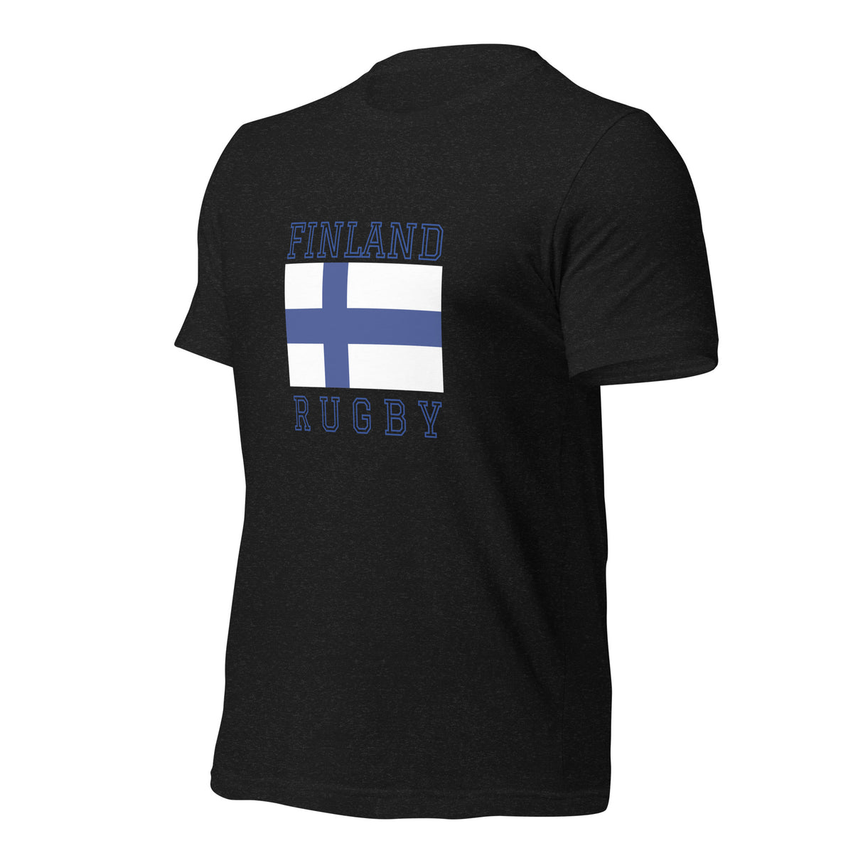 The PF LIC Finland Rugby Cotton T-Shirt is a black tee showcasing "Finland Rugby" text and the Finnish flag on the front.