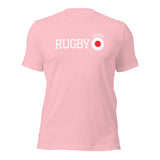 The Rugby Japan Cotton T-shirt by PF LIC is a pink cotton tee featuring a Japan Rugby design with "RUGBY JAPAN" and a Japanese flag graphic on the front.