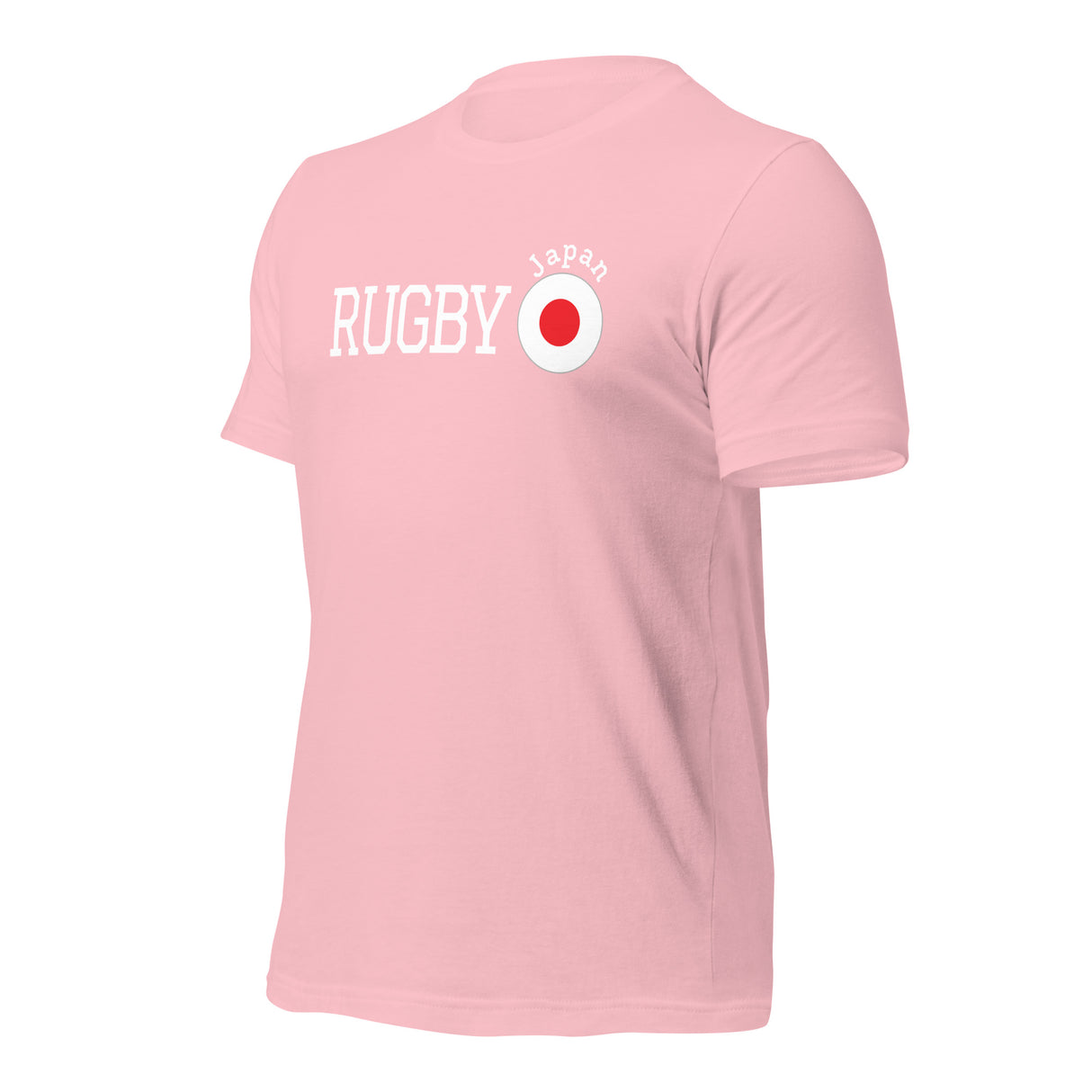 The PF LIC Rugby Japan Cotton T-shirt is a lightweight pink tee showcasing a "Japan Rugby" design, complete with "RUGBY" and "Japan" in white. A red circle, reminiscent of the Japanese flag, adds a unique flair.